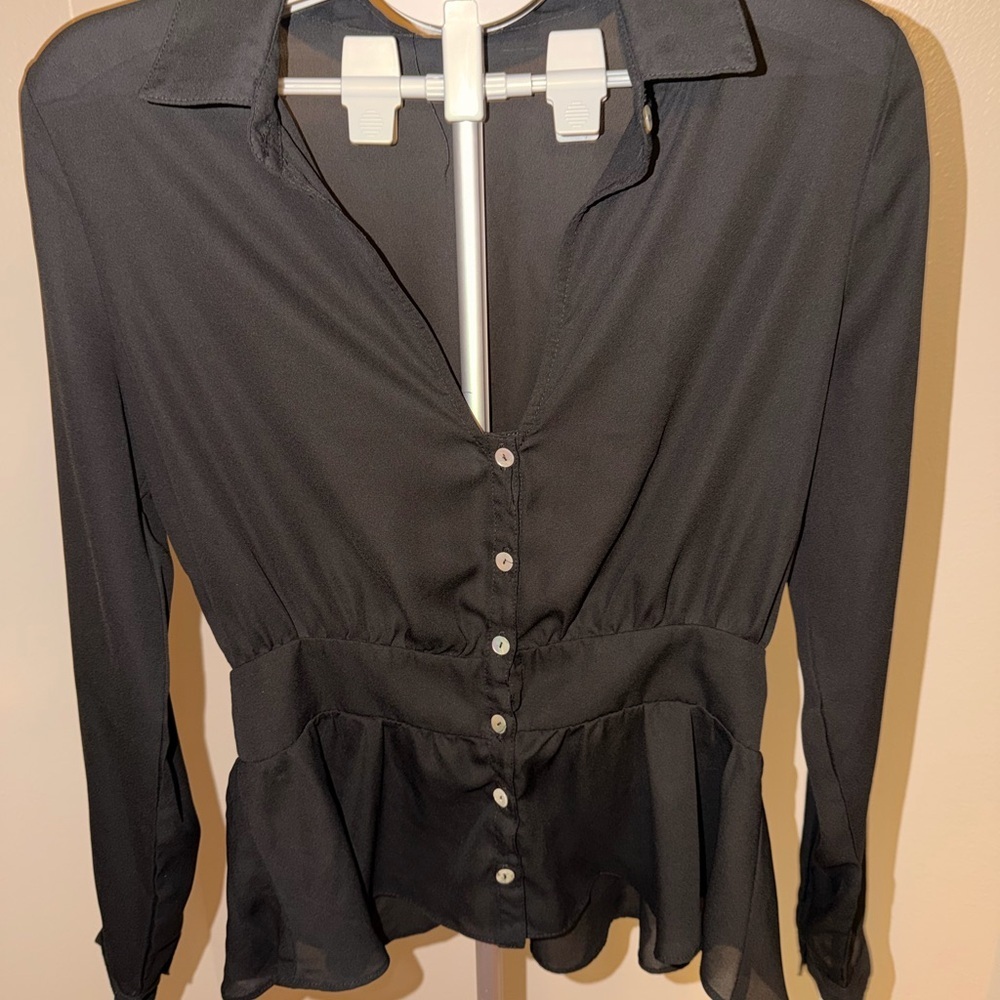 Mustard Seed Black Peplum Button-Front Blouse